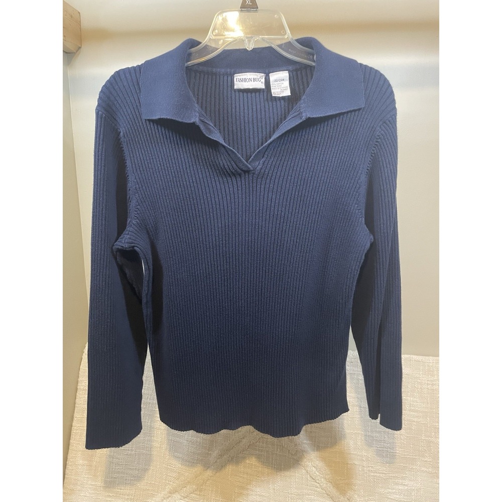 Vtg Fashion Bug Navy Blue Ribbed Knit VNeck Long Sleeve Collared Sweater Y2K 90s